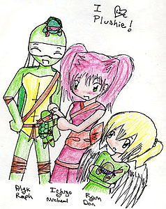 Three characters stand side-by-side and enjoy plushies of the Ninja Mutant Turtles. Rain, a small winged girl with blonde hair in a ponytail, hugs a Donatello plush toy and looks up at the other characters. Ichigo, a girl with pink hair in two ponytails, plays with a Michelangelo toy. Alex, a Teenage Mutant Ninja Turtle with a white bandanna, smiles whilst a Raphael plushie lies down on top of his head. Art by kitaneeko.